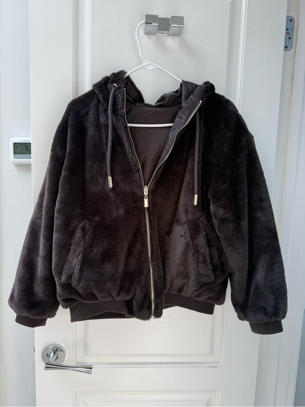 Zara Dark Brown nylon/Plush reversible Hooded Bomber Jacket with gold accents